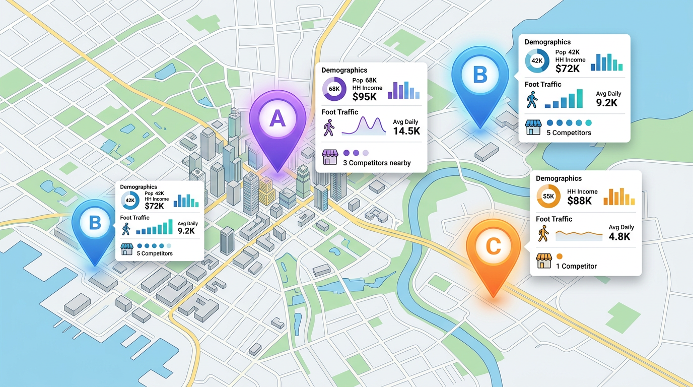 A map with three candidate site pins, each with a score card showing demographics, foot traffic, and a competitor count.