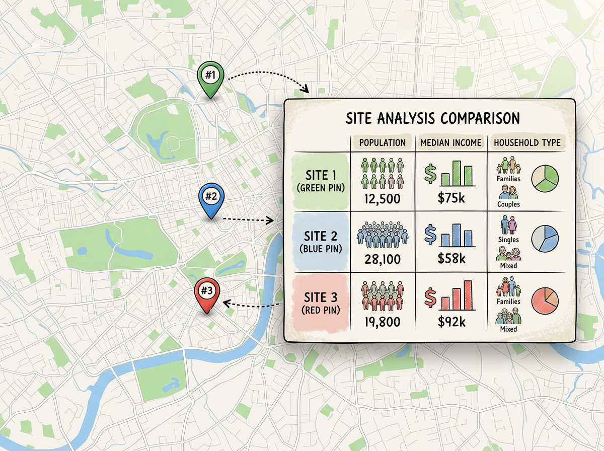 A map with three site pins and a side-by-side card comparing population, income, and household type for each.