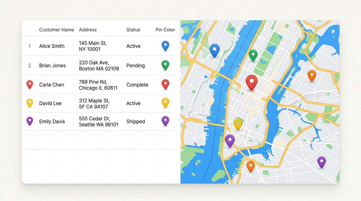 A spreadsheet with rows of customer addresses on the left and a map on the right showing those rows as colored pins.