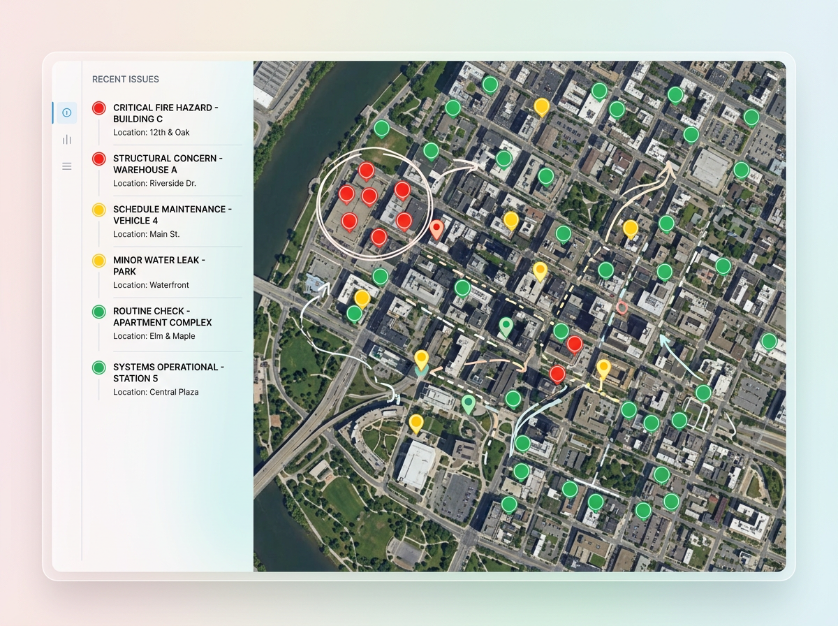 A map of inspection points colored red, yellow, and green by severity with a sidebar listing recent issues.