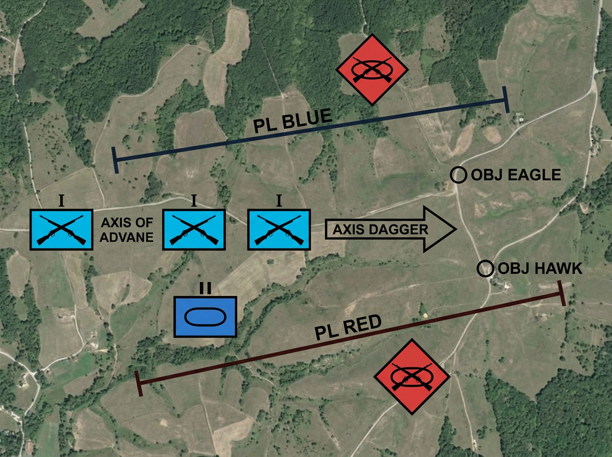 An OPORD graphic drawn on a satellite basemap using strict MIL-STD-2525D symbology. Three friendly infantry company symbols shown as solid cyan-blue rectangular frames (1:1.44 aspect) with black crossed-rifle icons inside and a black 'I' echelon indicator centered above the frame, staged along an axis of advance. One friendly armor platoon symbol shown as a solid blue rectangle with a black horizontal oval icon inside and two short vertical bars above for platoon echelon. Two hostile mechanized infantry symbols shown as solid red diamond frames at 45 degrees containing black crossed rifles with a horizontal oval behind them. Two solid dark lines crossing the terrain labeled PL BLUE and PL RED in black block letters with tick marks at each end. Two small black-outlined circles labeled OBJ EAGLE and OBJ HAWK. A wide hollow black arrow labeled AXIS DAGGER pointing from line of departure toward the objectives. Pure 2D top-down vector military symbols, flat color fills, no decorative shapes.