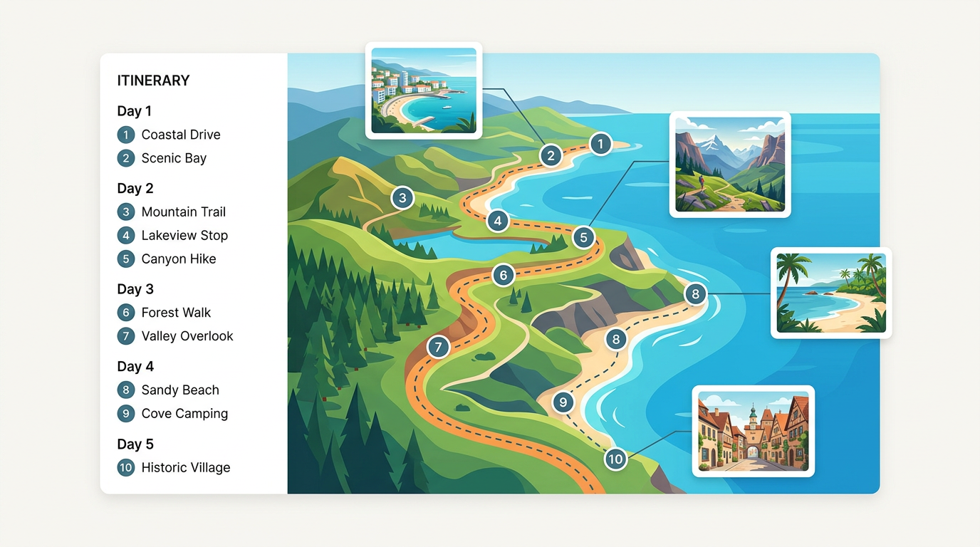 A multi-day trip itinerary on a map with numbered stops, photos in popups, and a side panel listing each day of the trip.