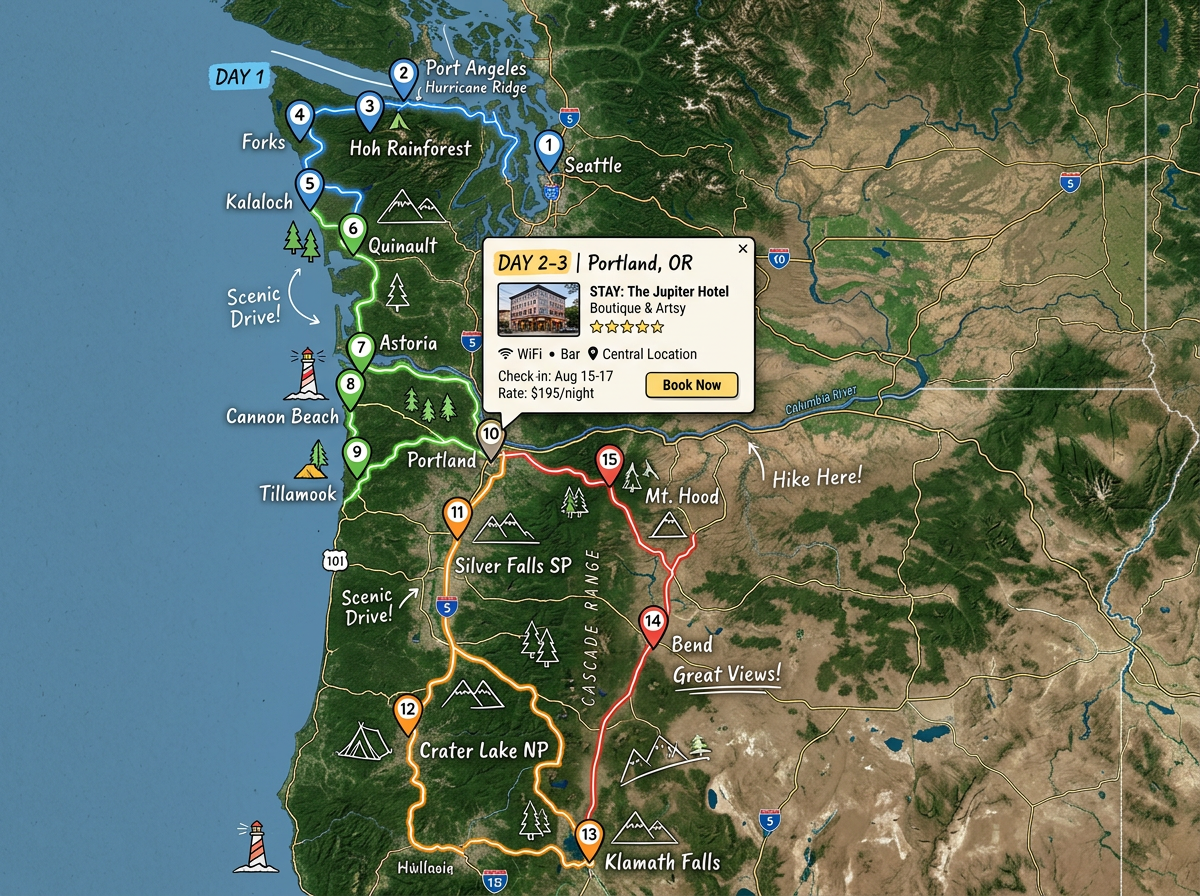 A road trip map across a region with stops connected in order, color coded by day, with a hotel popup open.