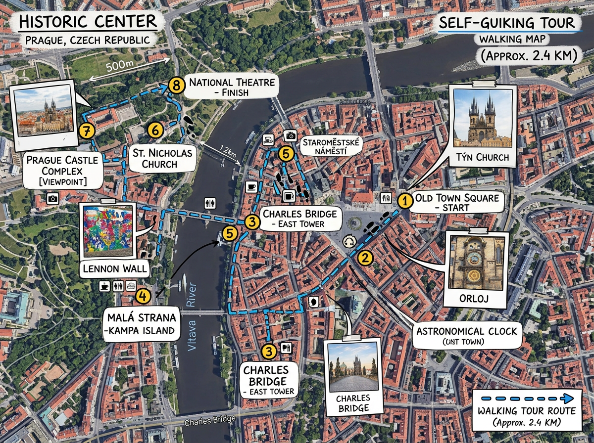 A walking tour map of a city center with numbered stops, photo popups, and a route line that shows the suggested order.